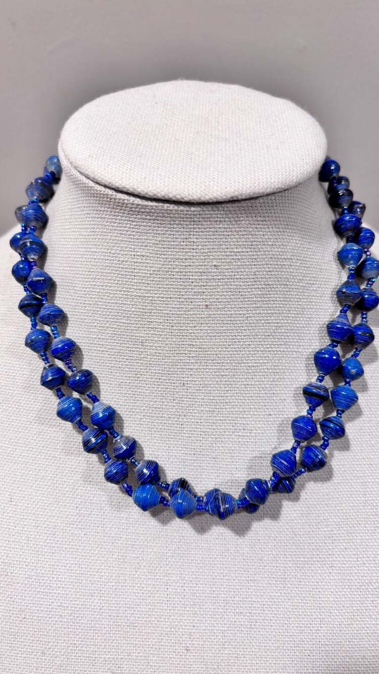 Handmade Blue Rolled Paper +Seeded Bead Long Strand Necklace